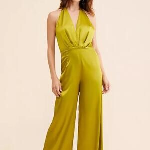 ANTHROPOLOGIE 🆕 Ciebon Carmina V-Neck Halter Faux Silk Jumpsuit Size Small